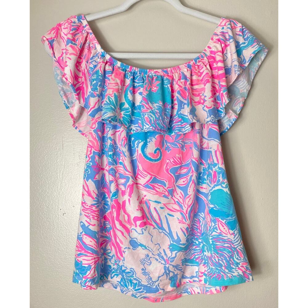 LILLY PULITZER TOP SHIRT RUFFLE OFF SHOULDER NAUTICAL VACATION RESORT CRUISE - Picture 3 of 9